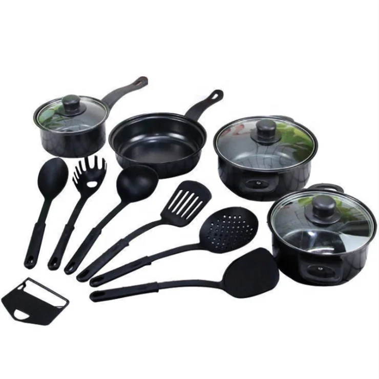 

7 Inch Non-Stick Coating Heavy Black Pots Fry Pans Kitchen Cookware Set with Glass Lids and 6 Pcs Cooking Utensil
