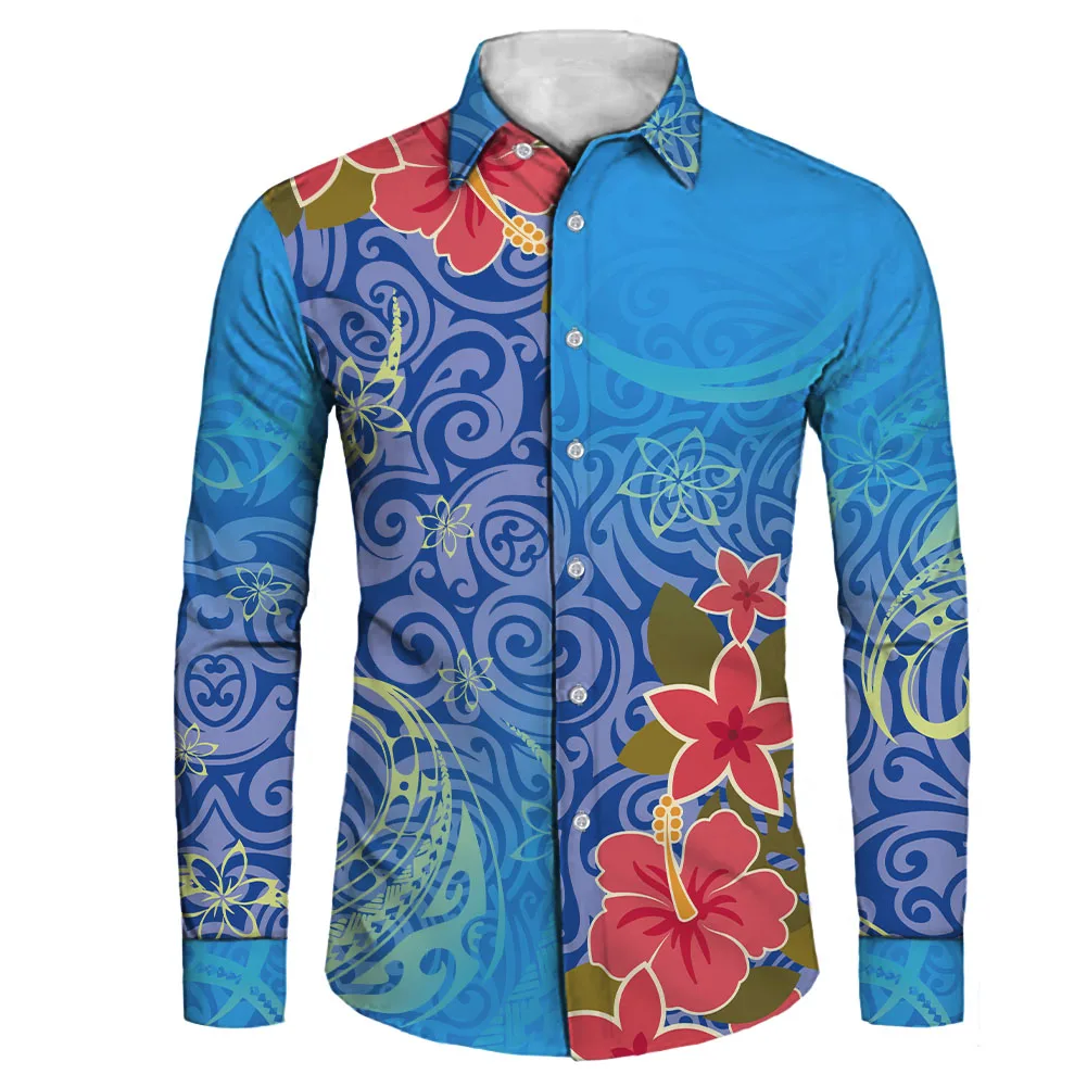 

Hawaii Hibiscus Plumeria Pattern Polynesia Slim Men Shirt Long Sleeve Turn Down Collar Stripes Single-breasted Polo Business Top, Custom color