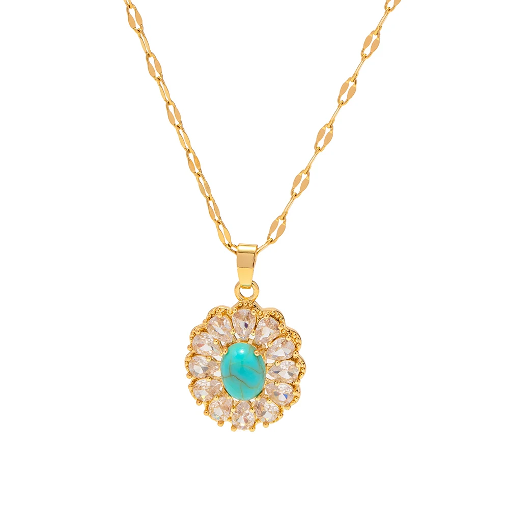 

18K Gold Plated Stainless Steel Nature Stone Full White Cubic Zirconia Oval Turquoise Pendant Necklace