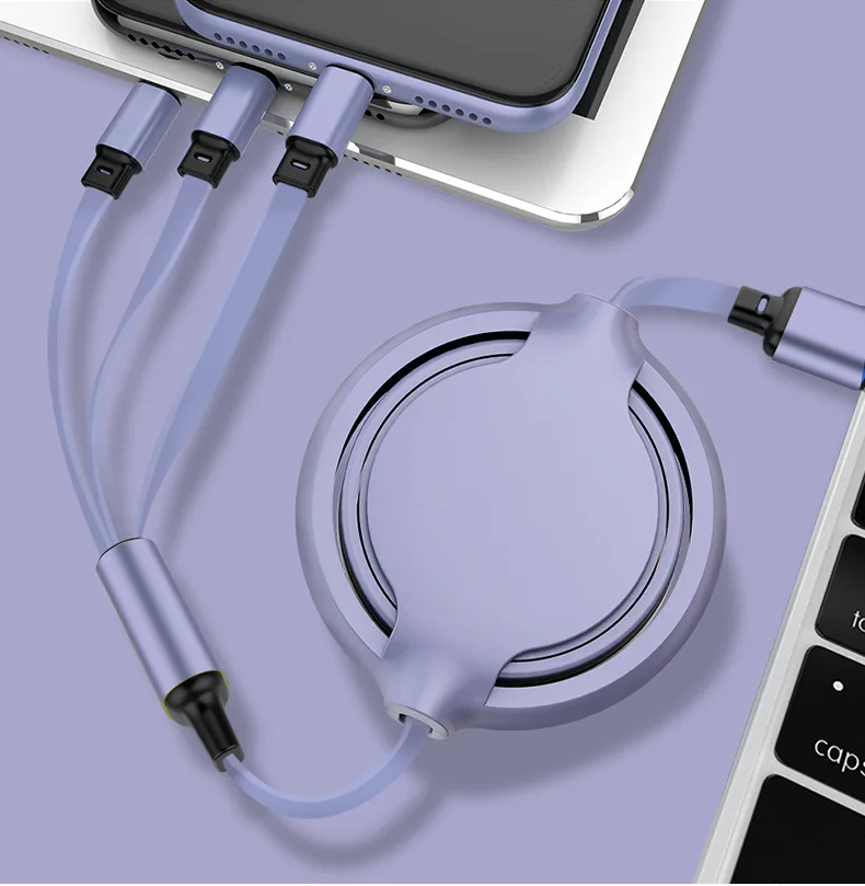 

3 in 1 Multi USB Retractable Charger Cable For IOS USB TYPE C Android Micro, Purple yellow pink purple