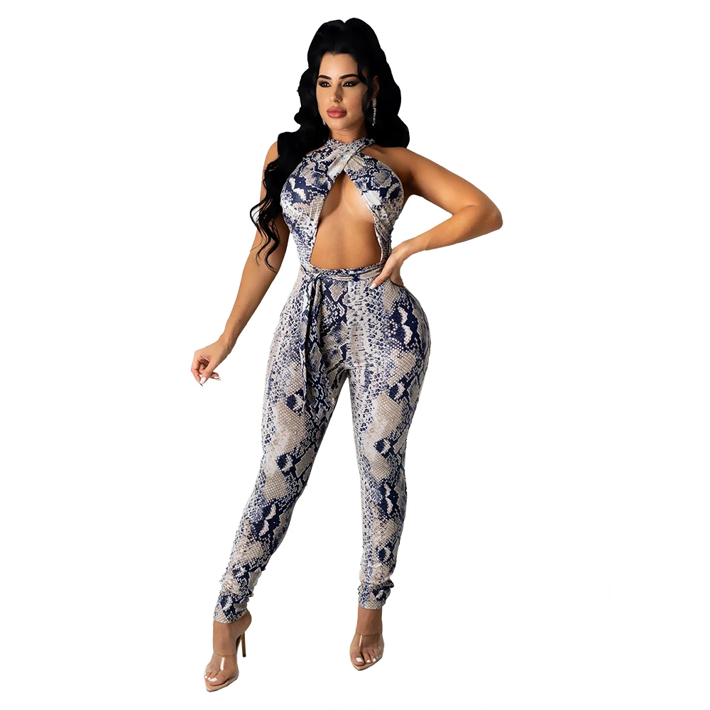 

6086 Women Jumpsuit 2021 European and American Ladies Sexy Backless Bandage New Tie Dye Printed High-Waisted Exercise Jumpsuits
