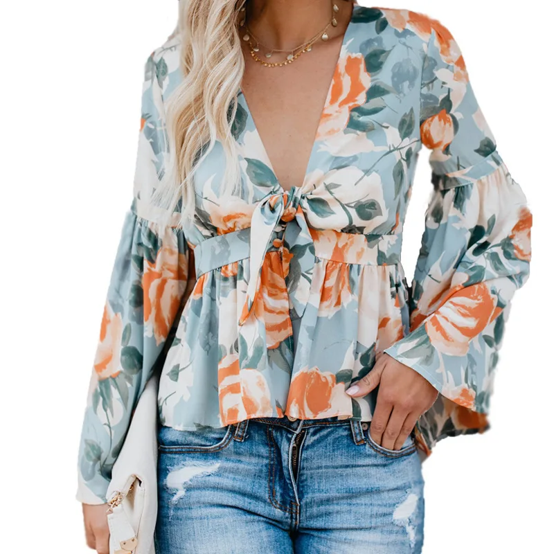 

Fashion Women Loose Floral Chiffon Shirt Butterfly Tie, Picture