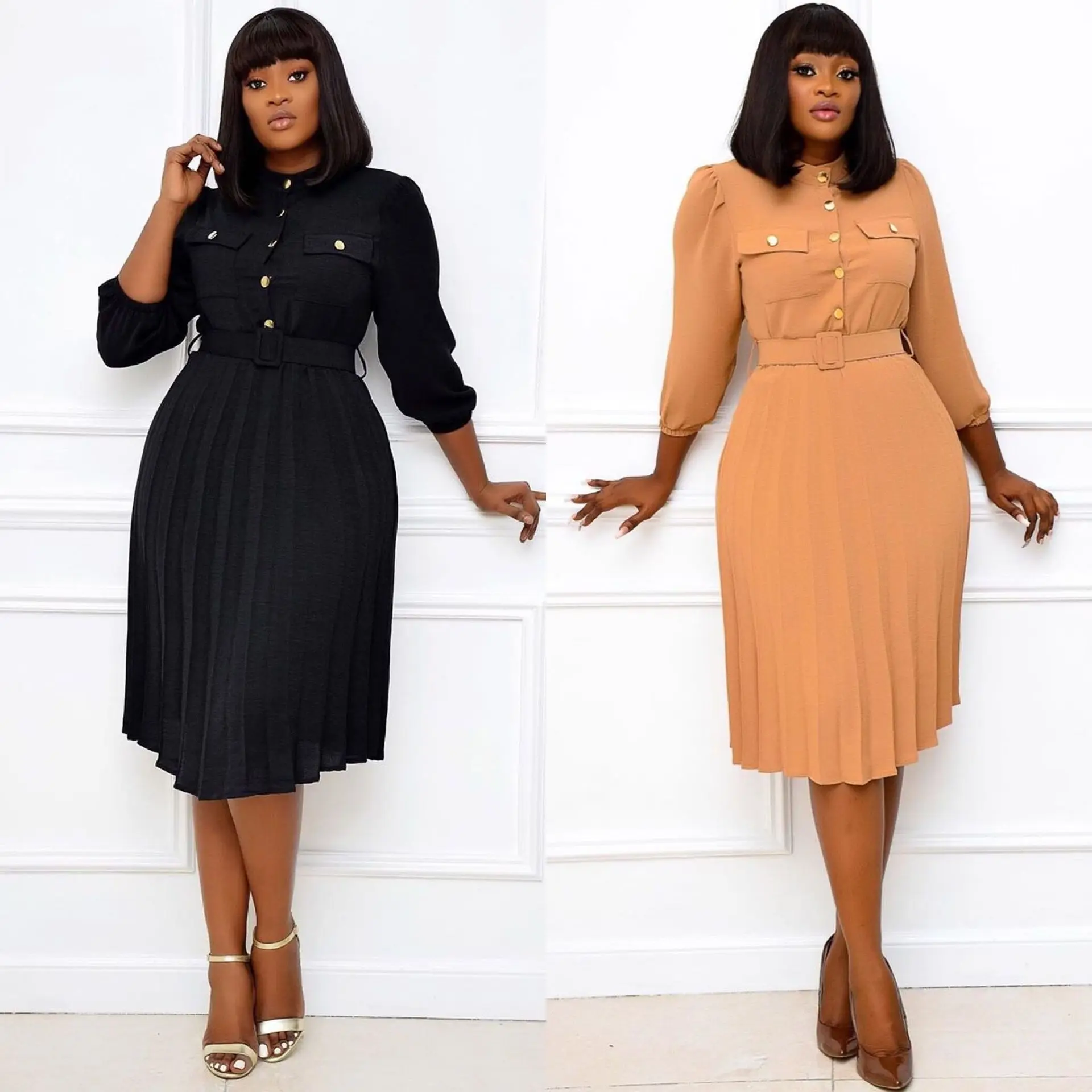 

High Quality Lady Plain Long Sleeve Pleated Sustainable Casual Plus Size Office Dresses Women Formal With Belt, 2 colors in stock