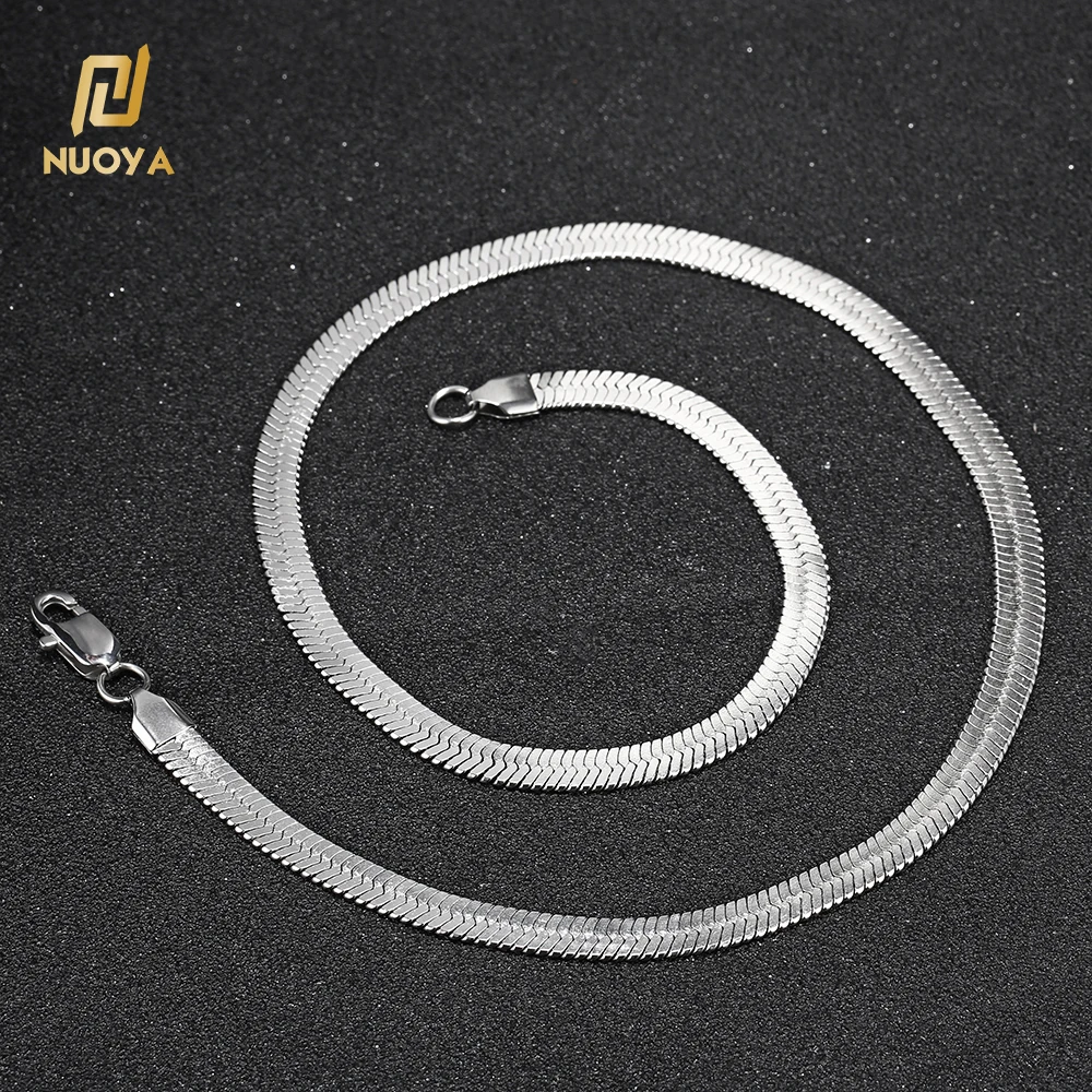 NUOYA Hip Hop Silver Chain Herringbone Necklace Flat Stainless Steel Snake Chain Choker Necklace Fine Jewelry Gift for Men