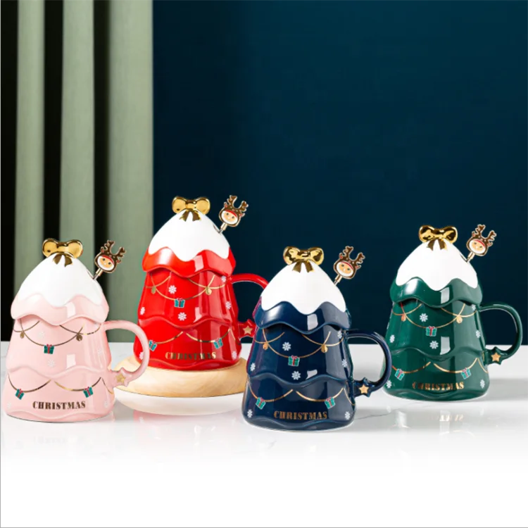 

2021 New Cartoon Bulk Ceramic Household 3d Luxury Mug Coffee Cup Christmas Tree Shaped Mugs Star Set with Lid