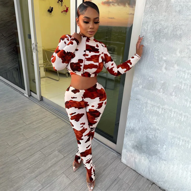 

M154 Two piece set women clothing brown cow print spring clothings for women new arrivals 2021