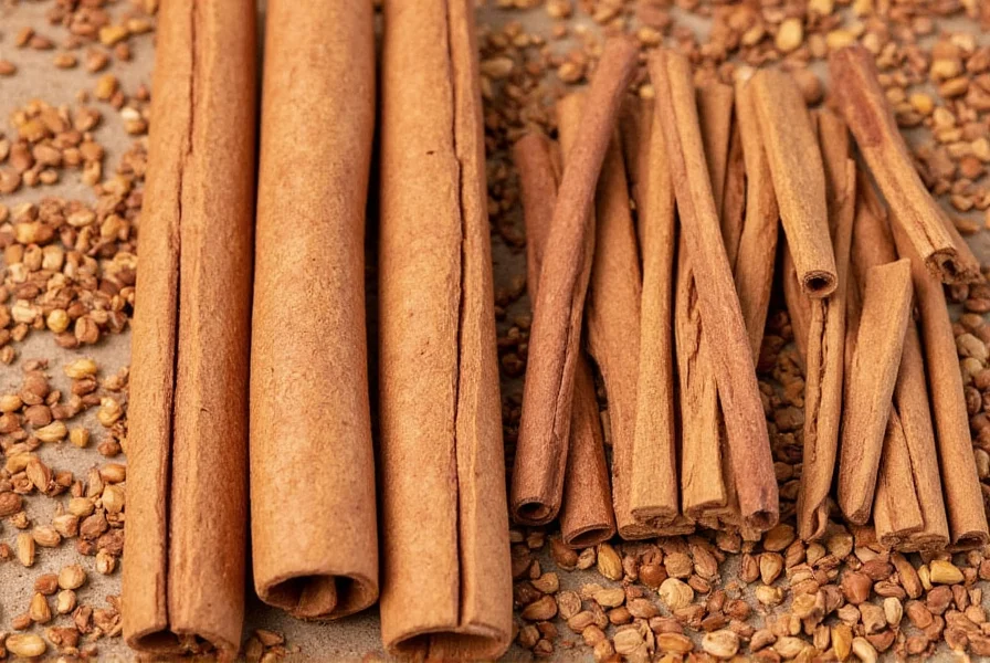 Close-up comparison of Ceylon cinnamon quills versus cassia cinnamon sticks showing the layered structure of Ceylon and single thick layer of cassia