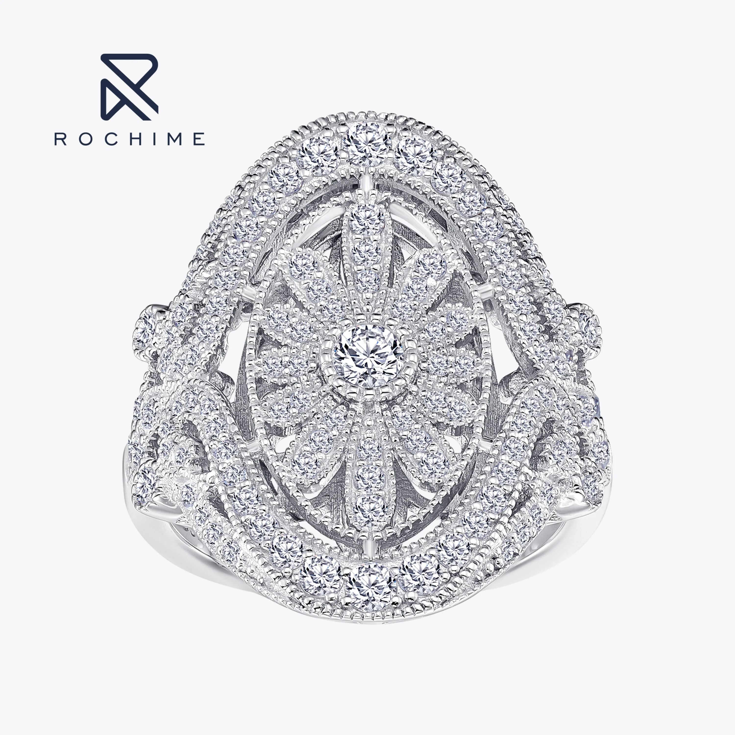 Rochime Luxury Design  Shiny Iced Out Diamond Zircon Rings 925 Silver Jewelry  Ring