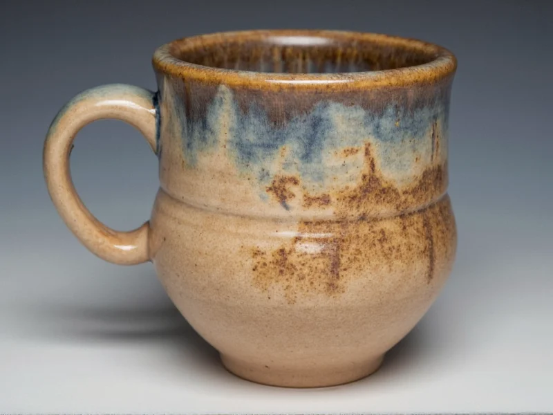 Close-up of handmade ceramic mug with unique glaze