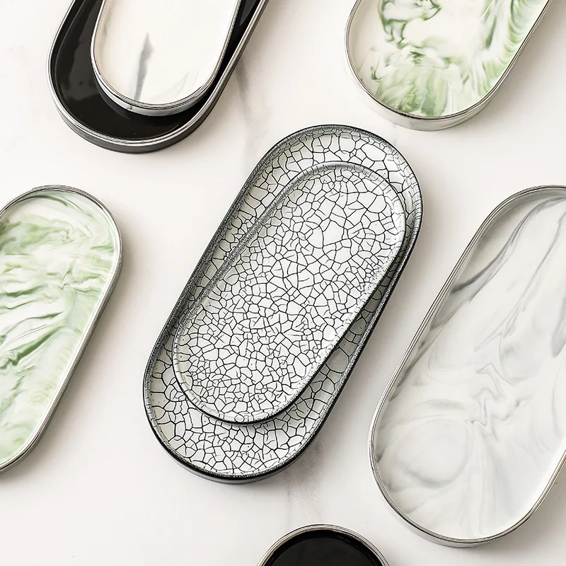 Light Luxury Eco-Friendly Ceramic Minimalist Oval Plate Pattern Type Plant Decorative Tray for Bathroom Countertop Hotel
