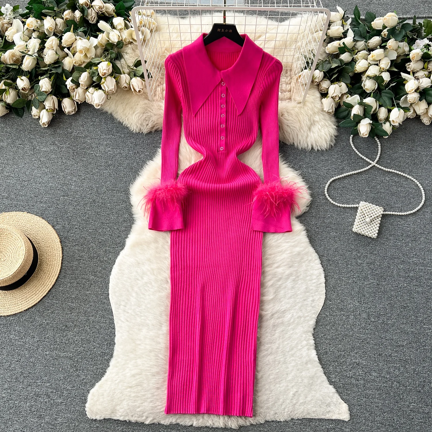 2023 Women's Fall Winter Lapel Feather Sheath Design Haute Couture Knit Dress