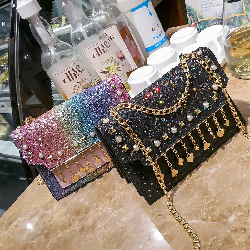 

2021 Sequins retro tassel small square bag colorful shoulder bag pearl handbag, Customizable
