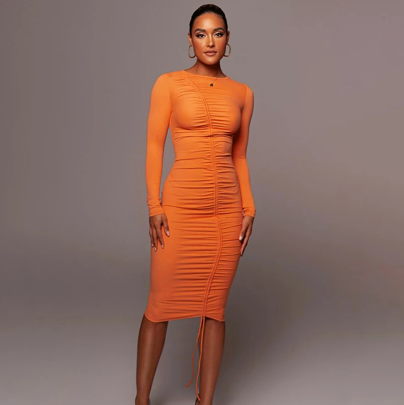 

CUTENOVA K21DS560 Autumn New Style Women's Drawstring Round Neck Long Sleeve Women'S Dress Maxi, Customized color
