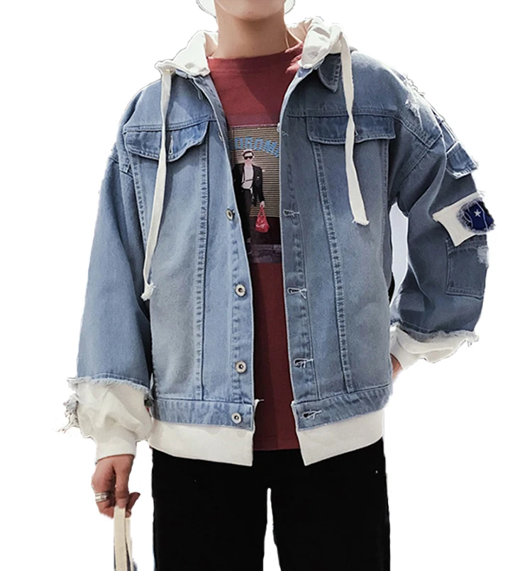 2019 New Hot Sale Autumn Street Style Trend Splicing  Two Piece Hooded Jacket Denim Men's Jacket
