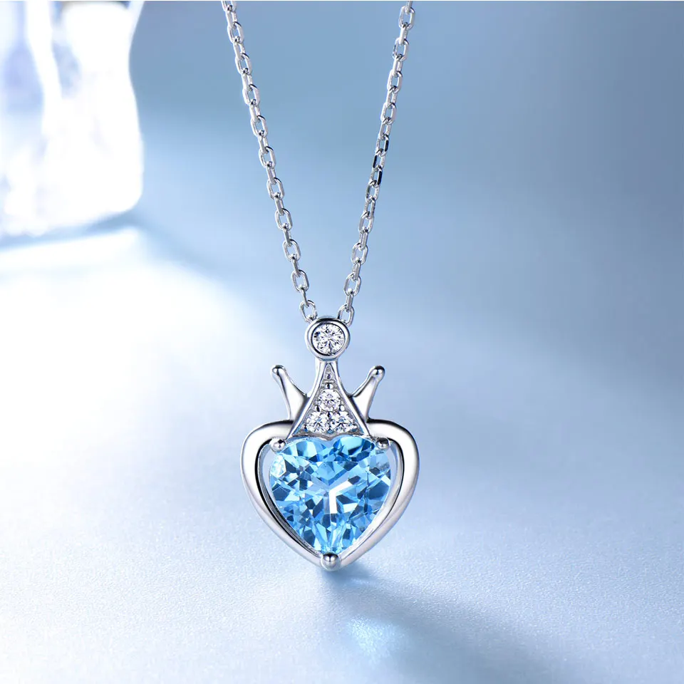 

CZ Stone Zircon Crown Blue Topaz Heart Pendant Necklace 925 Sterling Silver Necklace