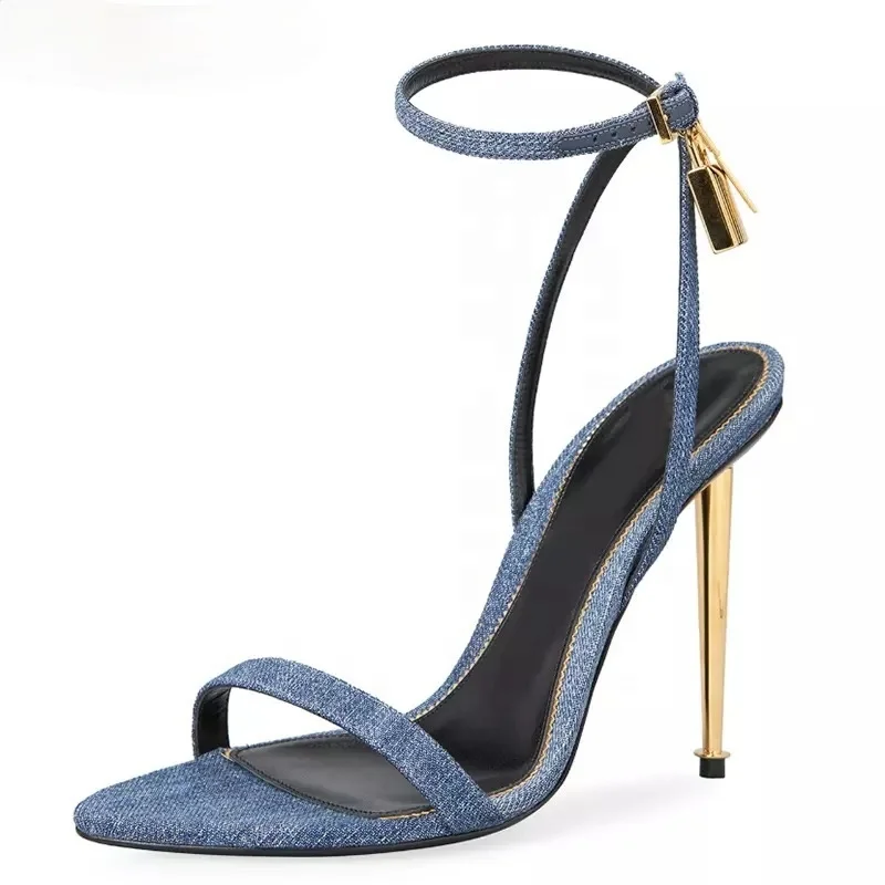 

Blue Denim Metal Pointy Open Toe Style Gold Lock Ankle Strap Elegant Sexy Unique Luxury Heels 2021, Blue, gold, black