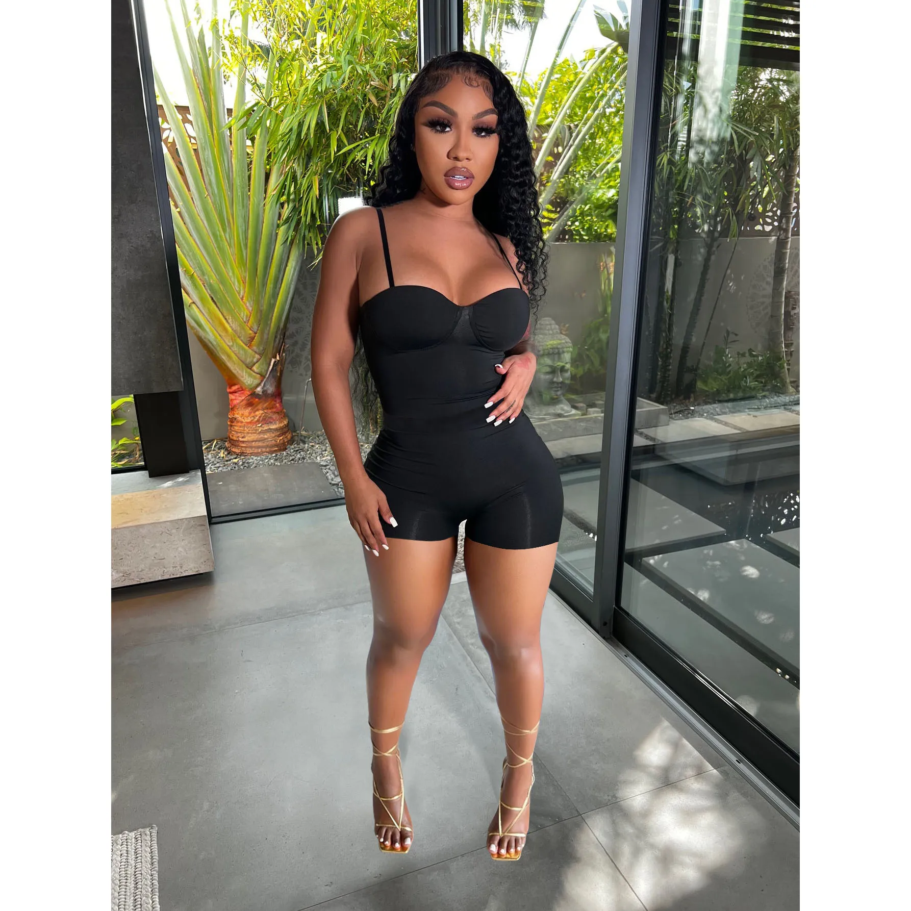 

New Arrivals 2022 Sexy Plus Size Women Clothing Two Piece Set Solid Color Bodycon Jumpsuit Sets Summer Two Piece Short Set, Picture