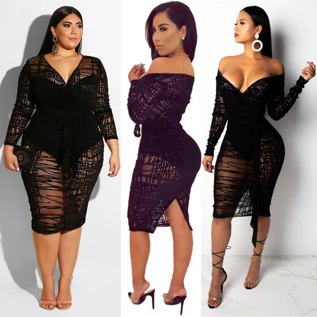 

2021 new arrivals fashion plus size women's clothing V-Neck long sleeve hip skirt flocking lace perspective sexy nightclub dres