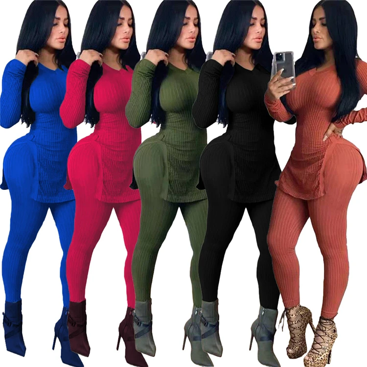 

Fall and Winter 2021 Women Clothes Custom Logo Winter Outfits For Women Knitted Rib Fabric Sweater Two Piece Set, Picture color