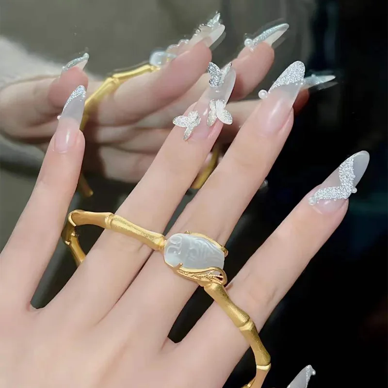 

24pcs press on nail nude color false nail butterfly decoration long ballet nail detachable artificial fingernail