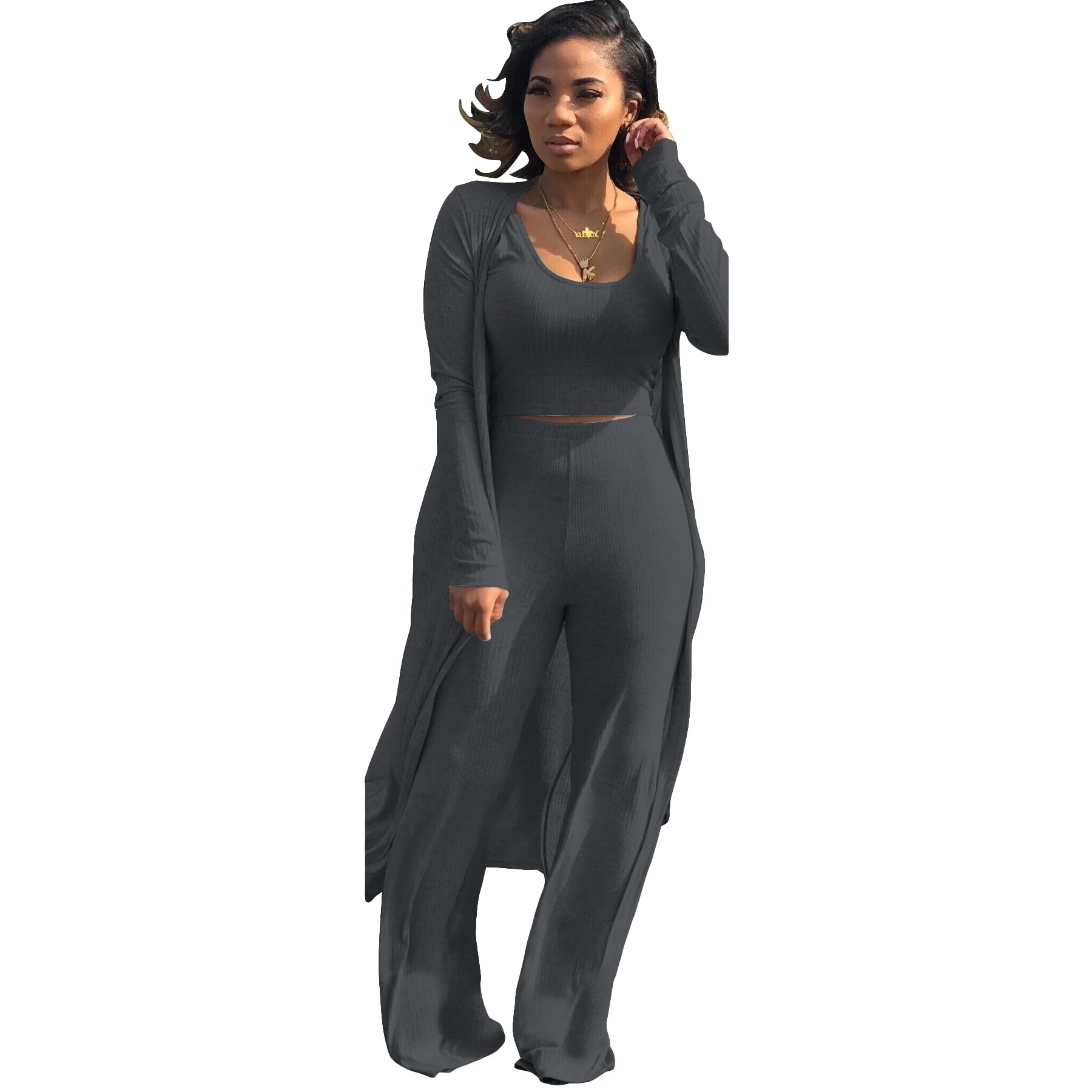 

Three Piece Pants Suit New High Elastic Pits Sexy Three Piece Set Solid Color Slim Casual Plus Size Lady for Women Winter Styl