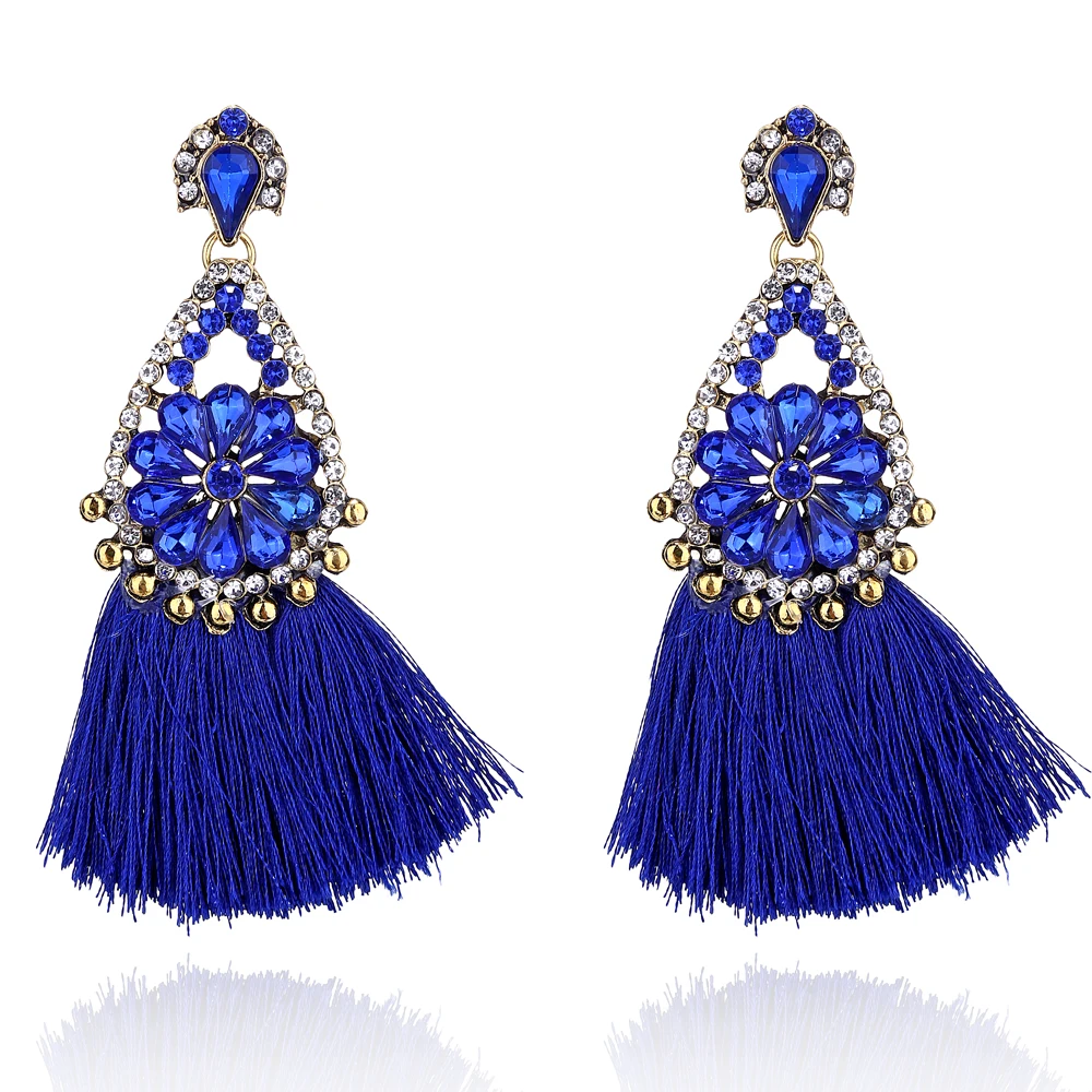 波西米亚水晶水钻流苏耳环丝绸面料长吊坠流苏耳环为妇女珠宝