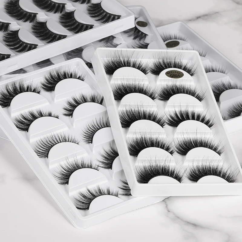 

Hot sell 5 Pairs cheap faux mink lashes 3d silk eyelash private label natural faux mink with packaging box, Natural black