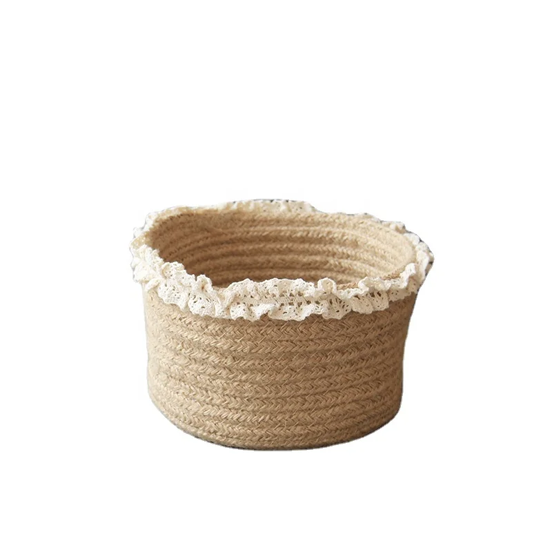 

Desk Cosmetic Zakka Organizer Jute Basket Cotton Linen Rope Basket with Lace woven storage baskets Home Decor, Beige