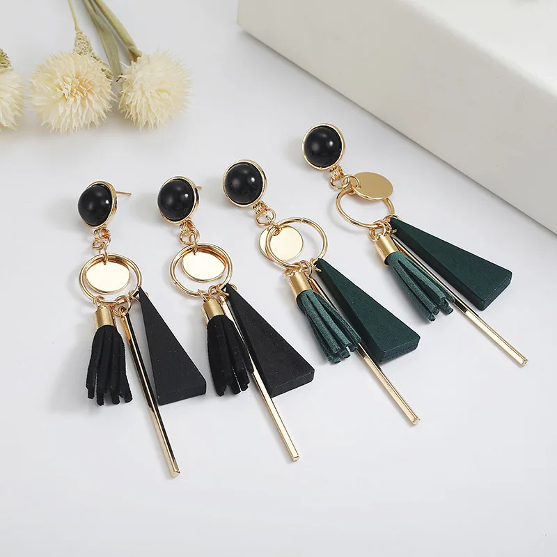 

Fancy long style retro wooden geometric metal tassel stud earrings
