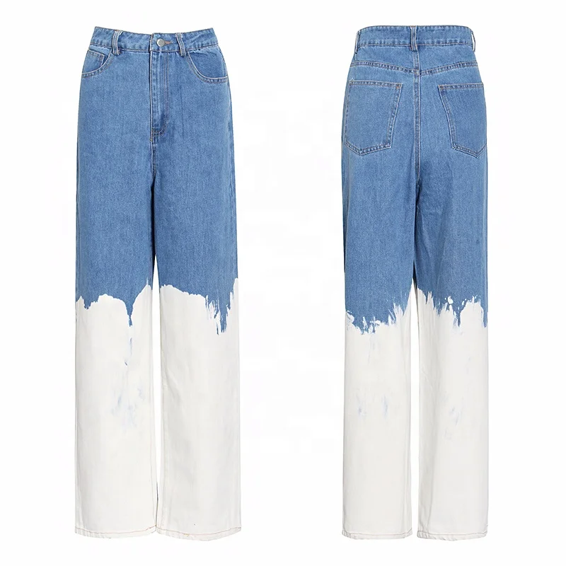 

TWOTWINSTYLE Full Length Jean Women High Waist Loose Painted High Street Wide Leg Denim Hit Color