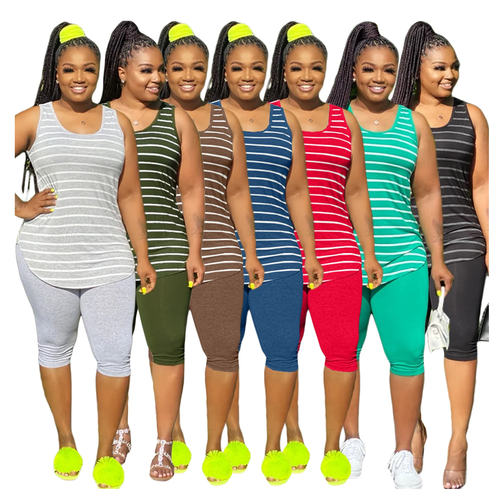 

QC - X9244 XL-5XL In stock breathable women tank top and shorts set striped knee length sleeveless plus size summer clothing