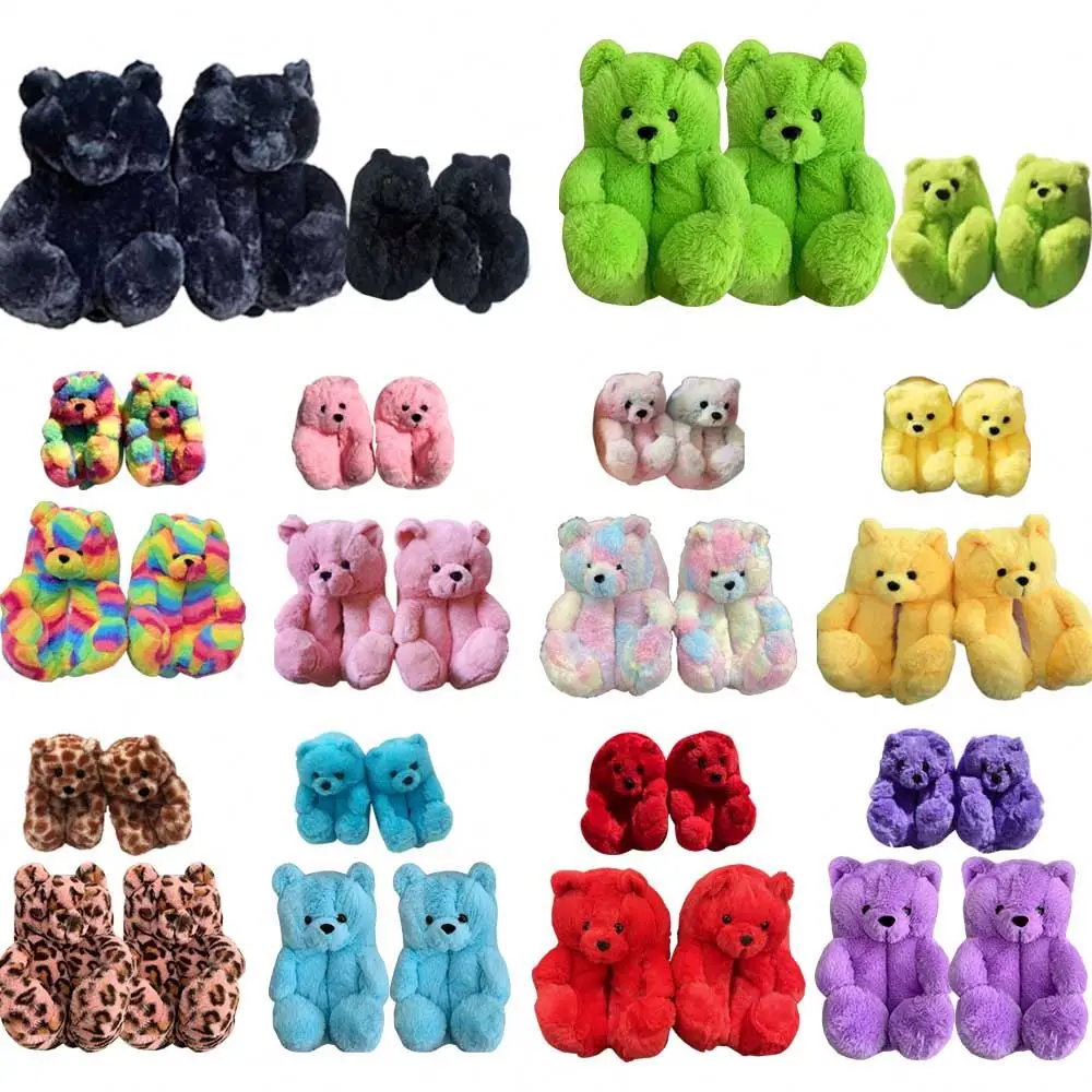 

Drop Shipping 21 Colors Kids Fur Slides  Mommy And Me Furry Bear Shoes Plush House Teddy Bear Slippers Fluffy Slippers, As picture show or customized