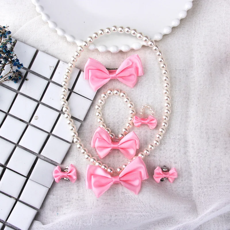 

Beautiful Gift Artificial pearl Bowknot Children Accessories Baby Girl Necklace Sets Necklace Hairpin Ring 6 pcs Ideas For Kids, Colors