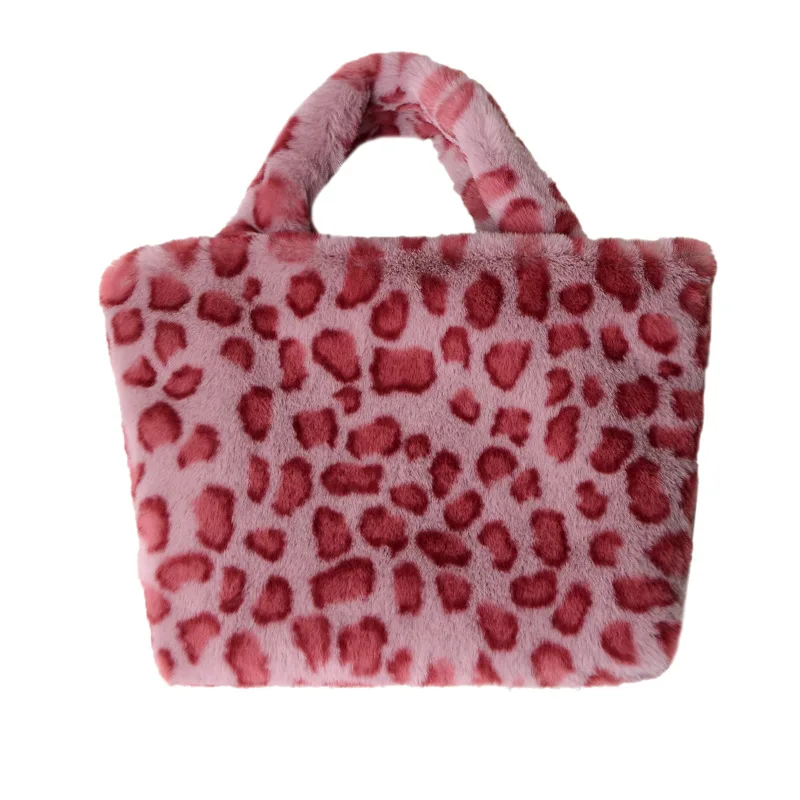 

Wholesale big woman faux fur soft shoulder bag korean style sling bags totes leopard furry fur tote bag, Grey khaki, red pink, white