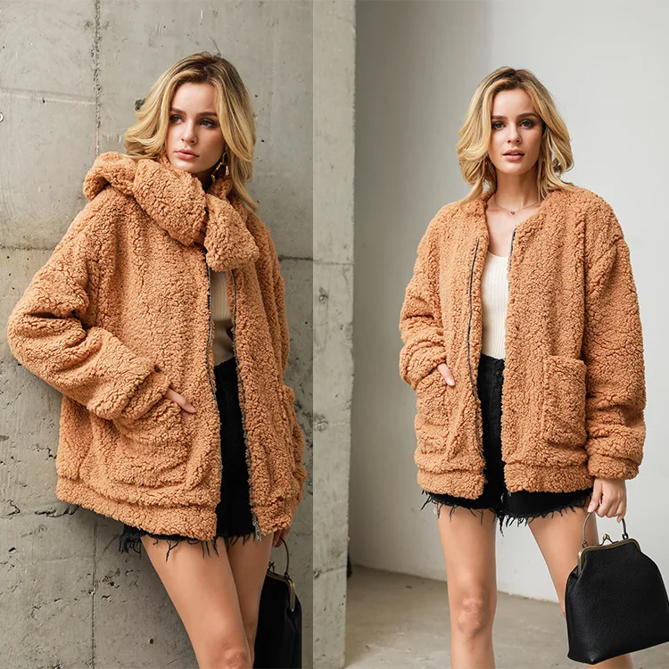 

Women's fall Long Sleeve Zip Up Faux Shearling Shaggy Oversized Coat Jacket with Pockets Warm Winter for women 2020