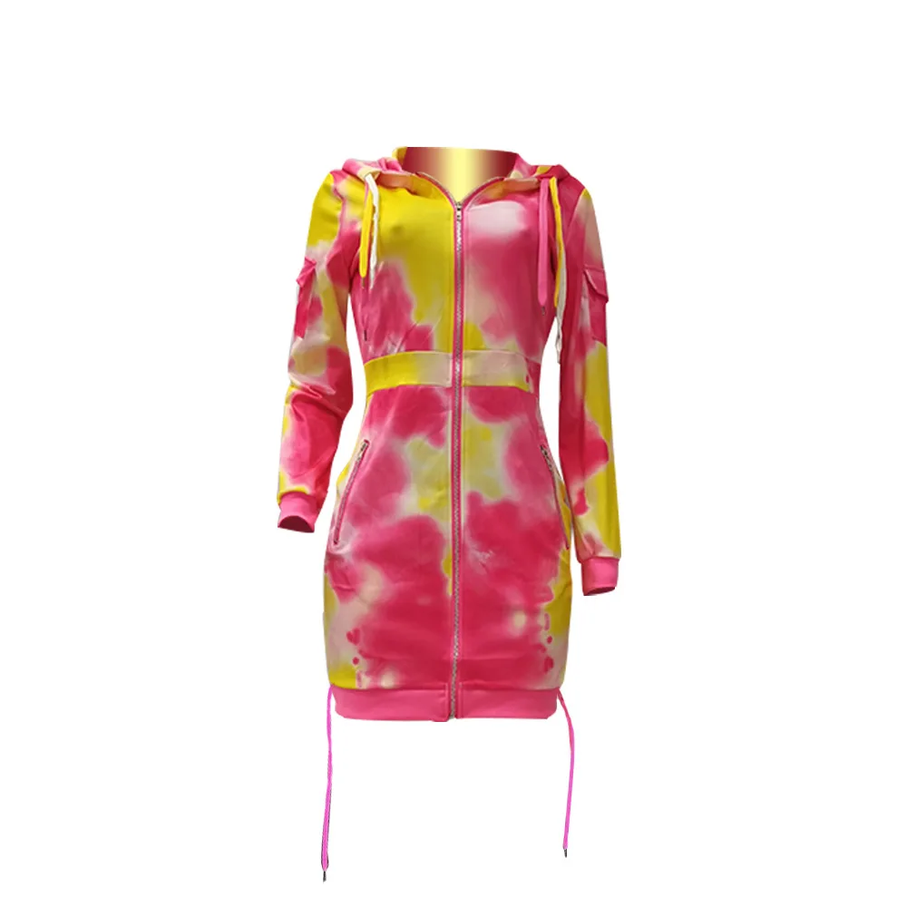 

2021 tie dye dress dresses for women trendy hoodie dress, Yellow,pink,green