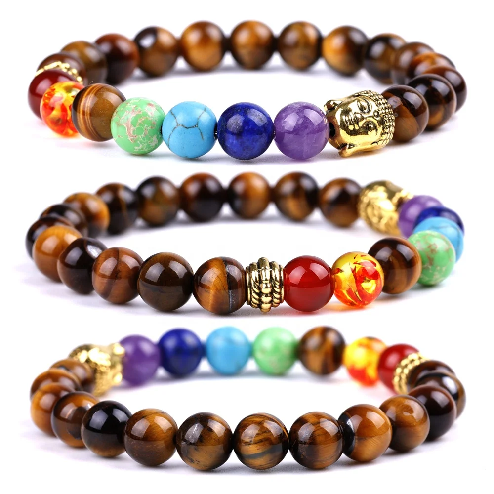

Natural Gemstone Tiger Eye Buddha Bracelet For Women Men 7 Chakra Jewelry