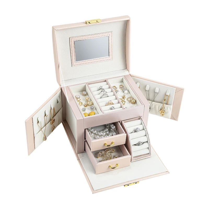 

New Custom Logo Printed Drawer Jewelry Box Organizer Large PU Leather Watch Necklace Ring Earring joyero Big Wedding Gift Case, Nude pink,white