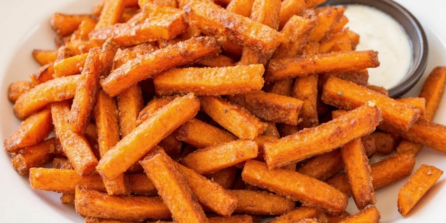 Spicy Sweet Potato Fries served with a sprinkle of chili powder.