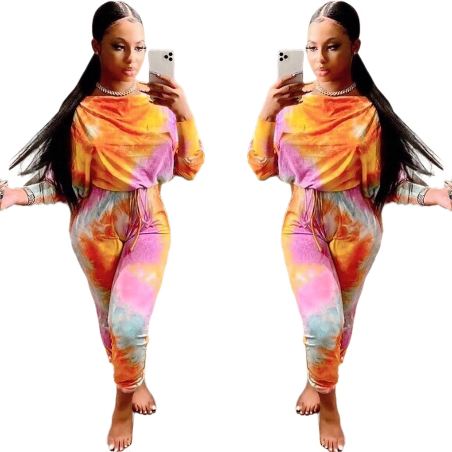 

amazon 2021new fashion long sleeve crop top with leggings elastic leisure loose tie dye 2 piece set women daily wear, 1color as picture