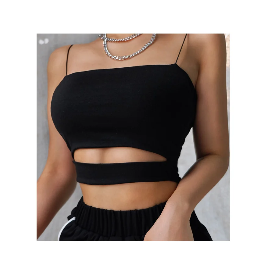

Sexy Cut Out Halter Camis Vest Navel Bare Cropped Tank Tops Tees Slim Fitness Workout Camisole Women Tube Top W0227, Black
