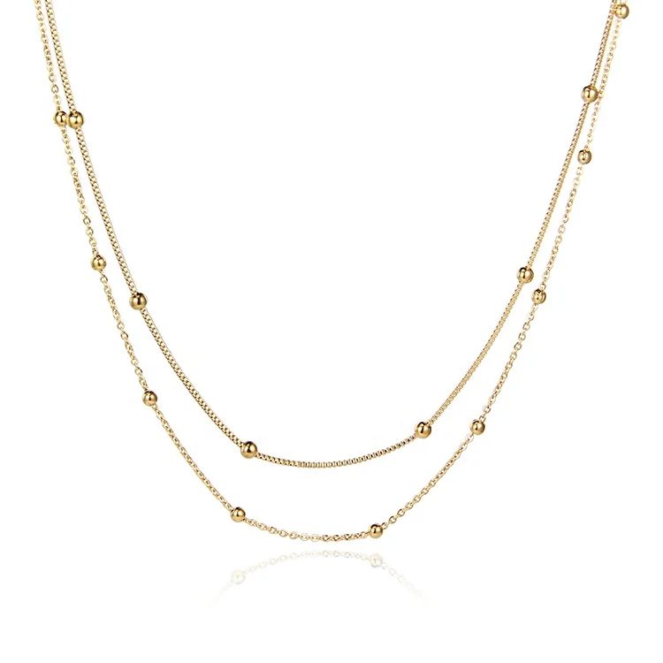 

Minimalist Jewellery Stainless Steel Link Chain With Beads Double Chain Layered Necklace Women