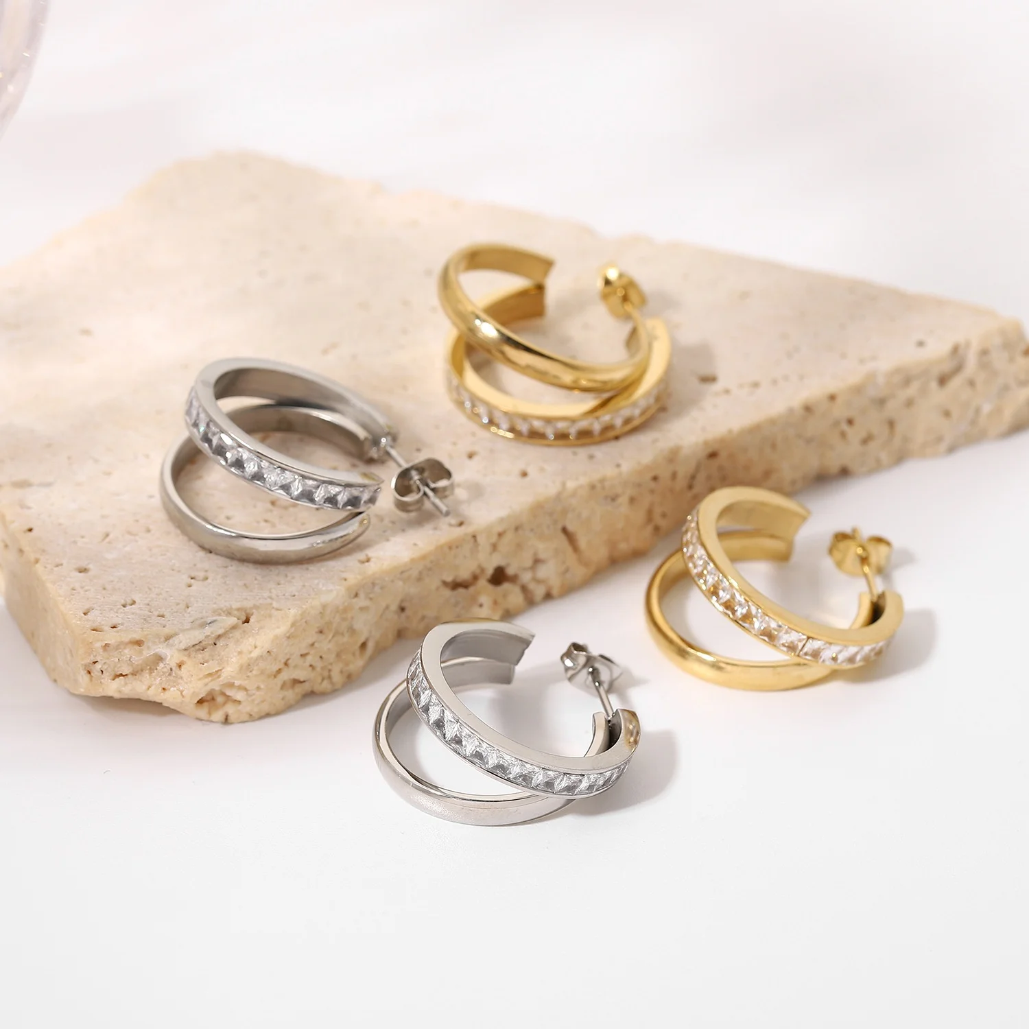 

New design 14k gold stainless steel stud earrings for women double layer cross jewelry fashion zircon huggies hoops earring