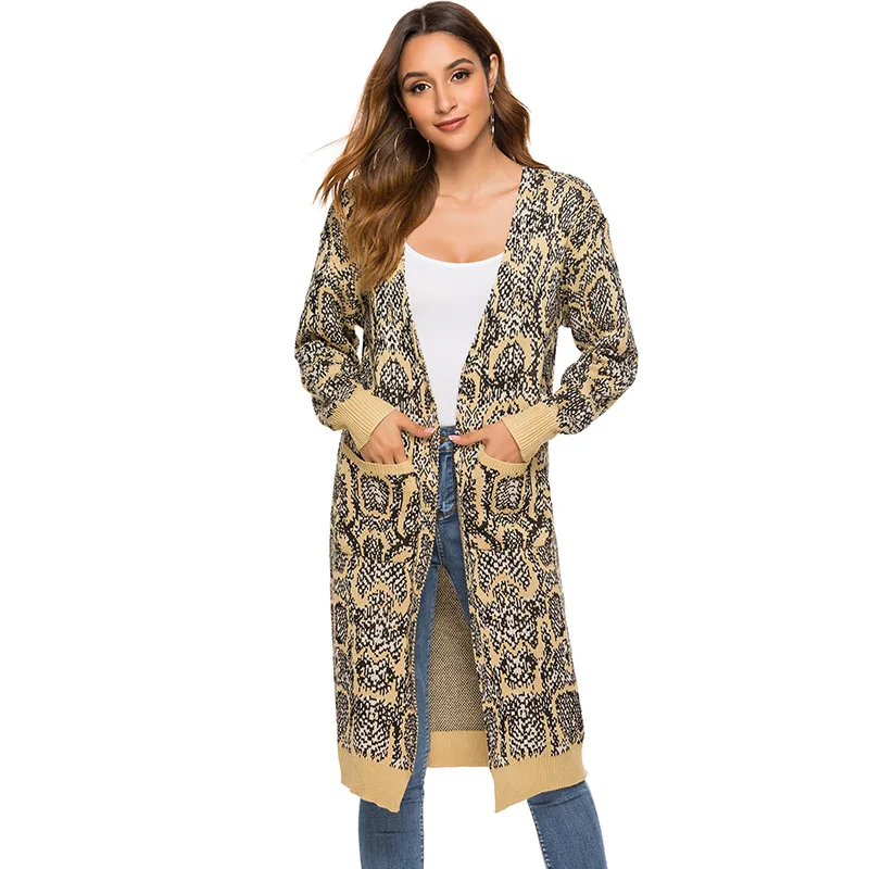 

2021 spring Hot sale Geometric knitted brown Leopard long women sweaters, 3 options
