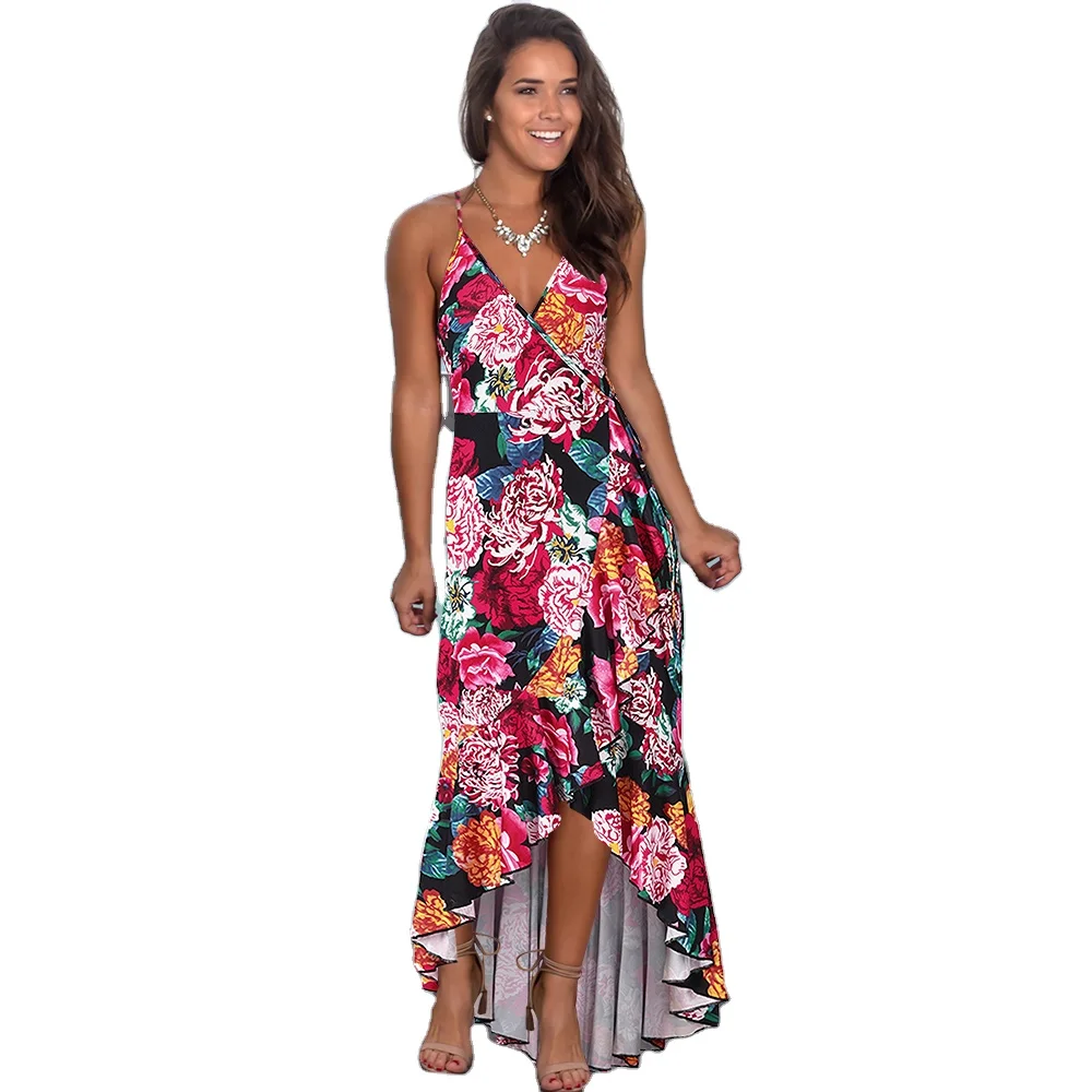 

2021 irregular printed women's deep V dress with shoulder strap and ruffle