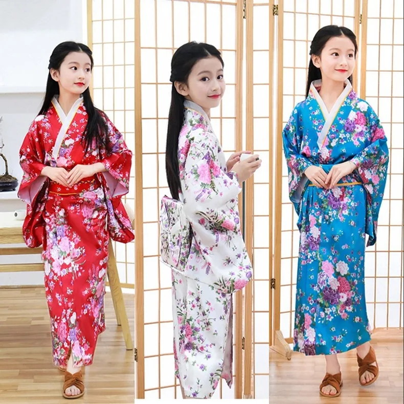 

2023 Traditional Japanese Children Kimono Style Peacock Yukata Dress for Girl Kid Cosplay Japan Haori Costume Asian Clothes