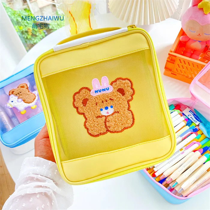 

Innovative household products jewelry travel cute storage bag cartoon bear luxury PU + Mesh clear kids bulk cosmetic bags