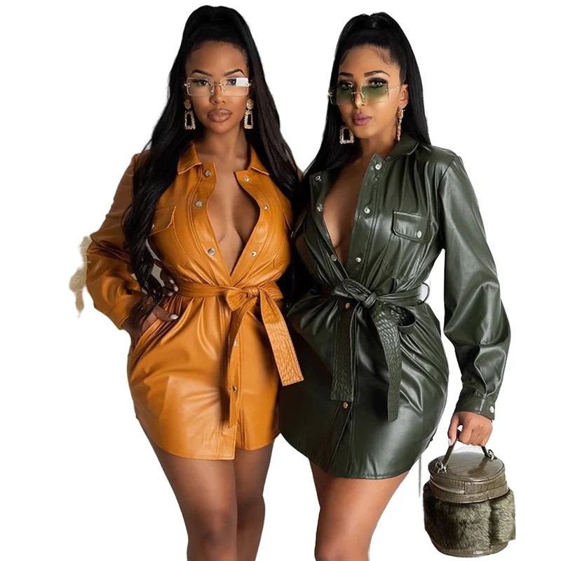 

Wholesale Price Party Sexy Night Dresses For Woman Black Leather Dresses Women 2021 Women Long Sleeve Tie Shirt PU Leather Dress
