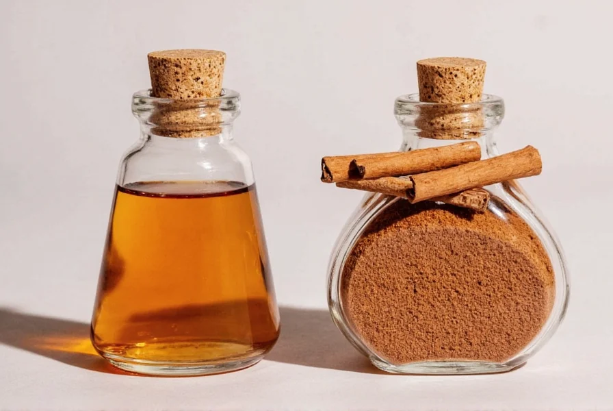 Bottle of liquid cinnamon extract next to ground cinnamon and cinnamon sticks for visual comparison