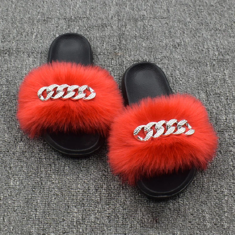 

new design wholesale ladies fur slides fox fur slippers golden chain slides women 2021